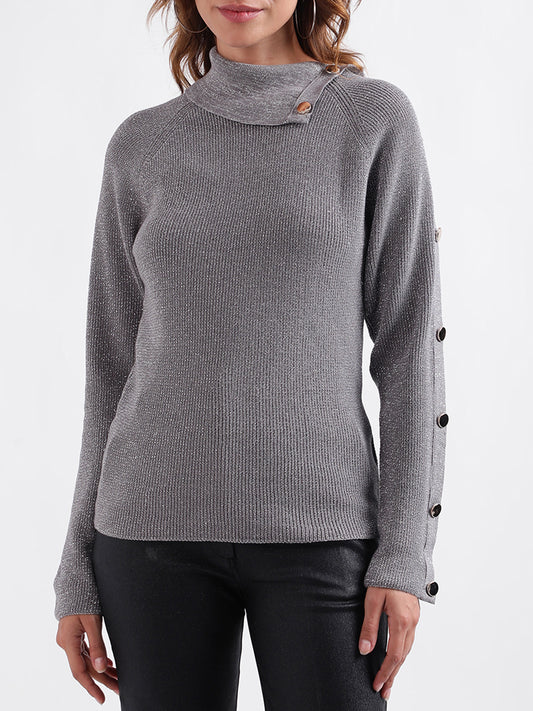Centre Stage Women Solid Full Sleeves Split Neck Sweater