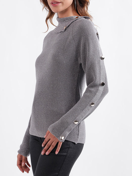 Centre Stage Women Solid Full Sleeves Split Neck Sweater