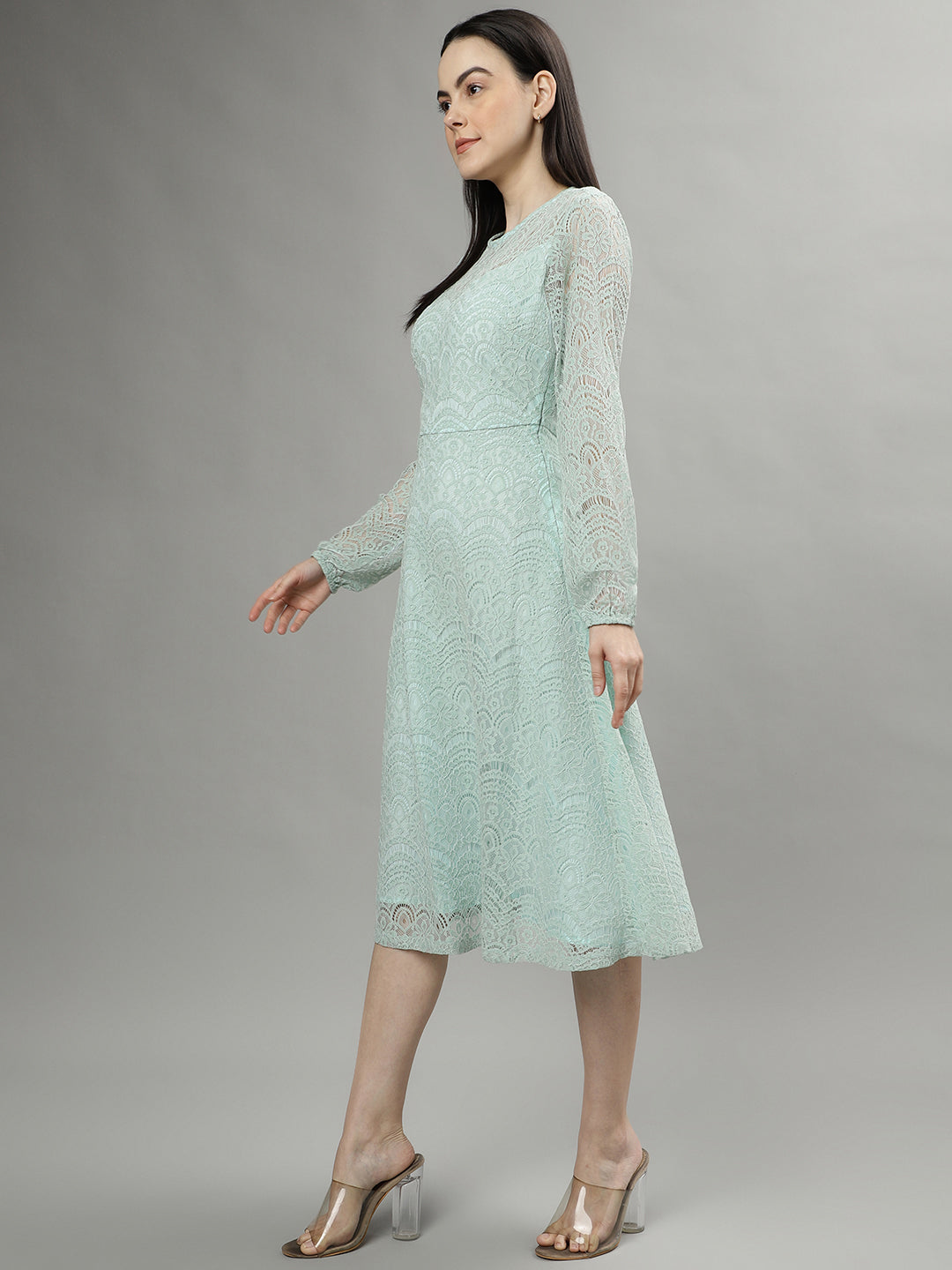 Centrestage Women Solid Round Neck Long Sleeves A-line Dress