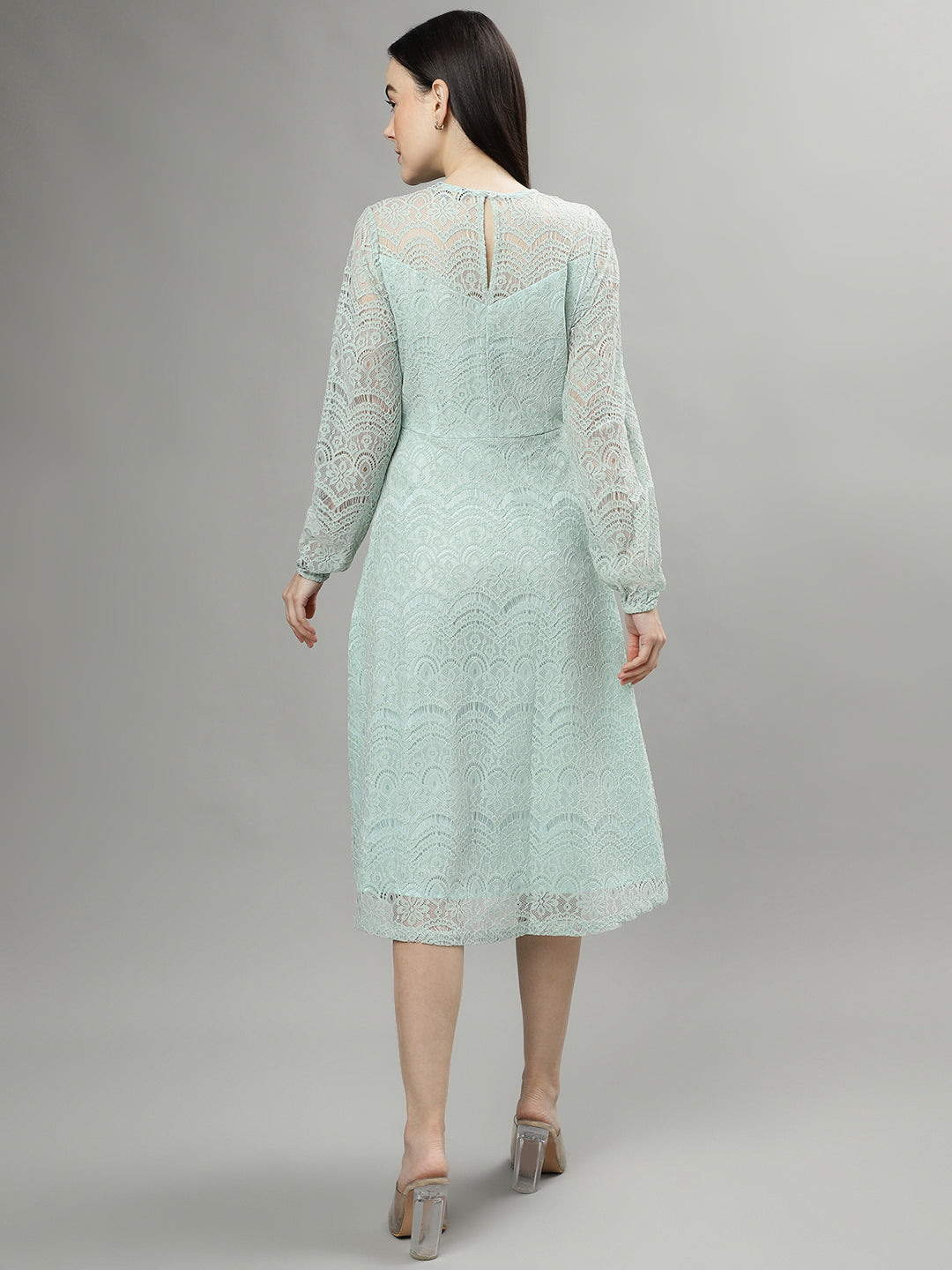 Centrestage Women Solid Round Neck Long Sleeves A-line Dress