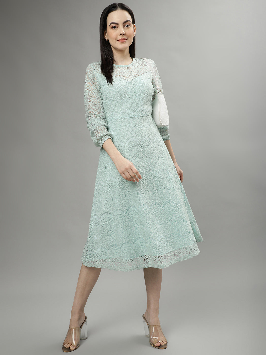 Centrestage Women Solid Round Neck Long Sleeves A-line Dress