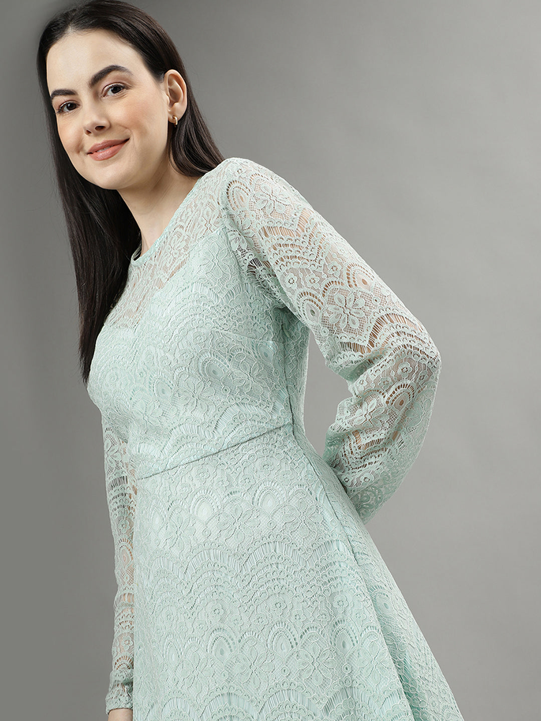 Centrestage Women Solid Round Neck Long Sleeves A-line Dress