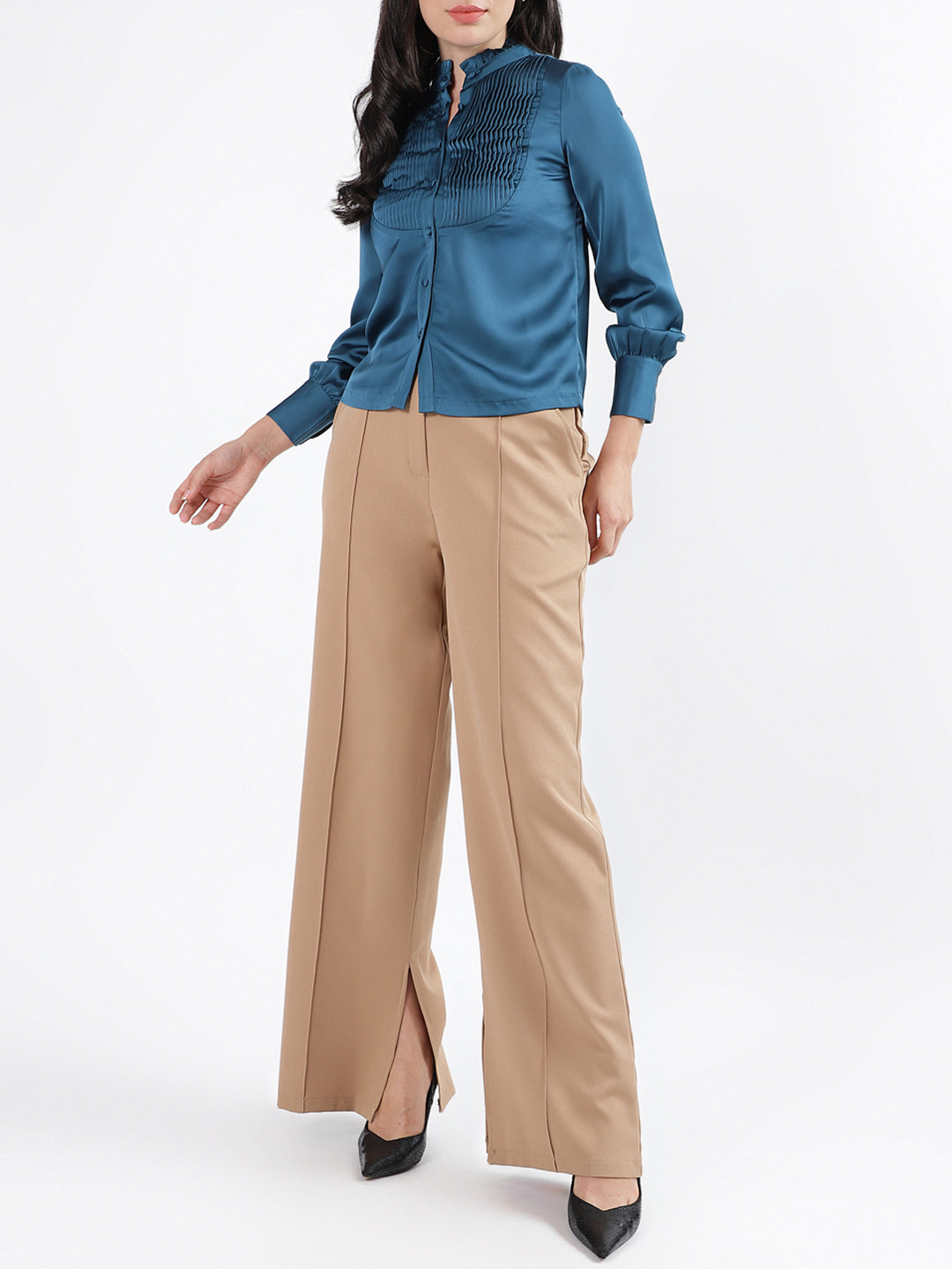 Centre Stage Women Solid Mandarin Collar Full Sleeves Top