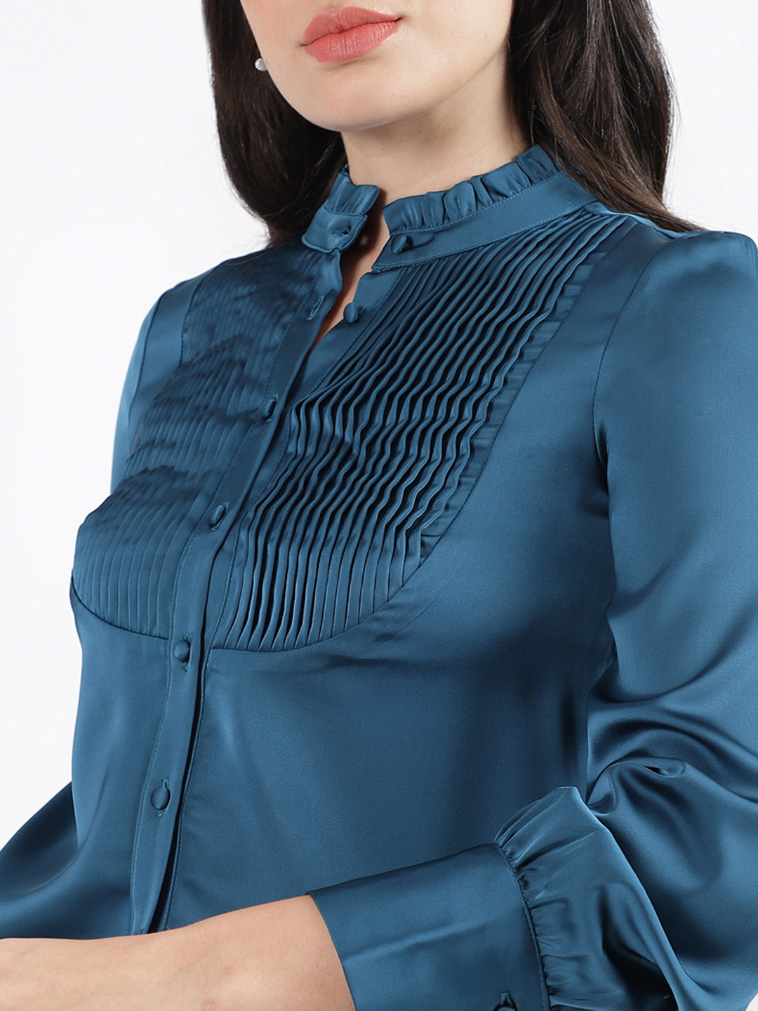 Centre Stage Women Solid Mandarin Collar Full Sleeves Top