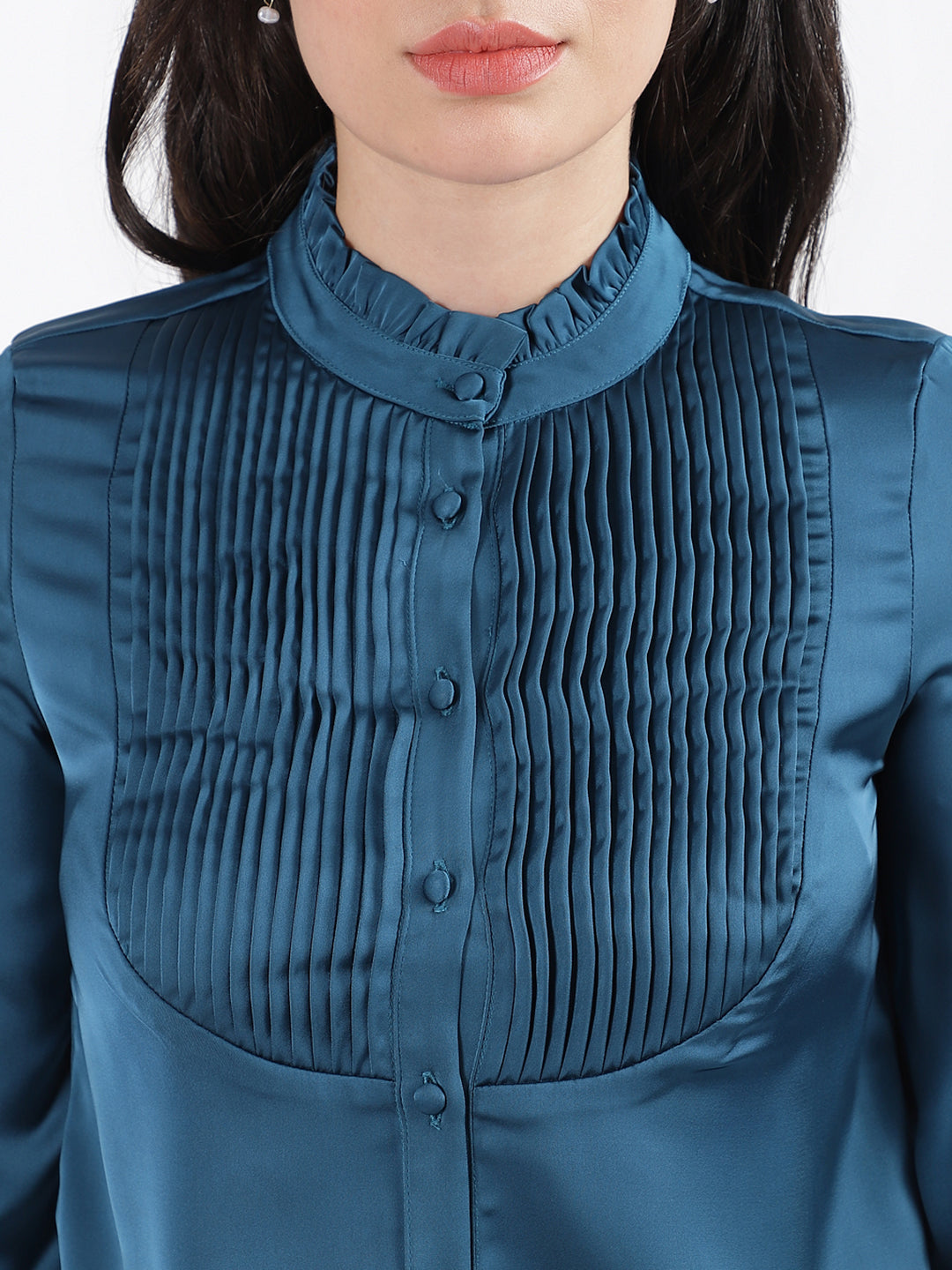 Centre Stage Women Solid Mandarin Collar Full Sleeves Top