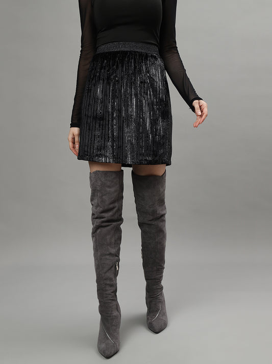 Centre Stage Women Black Self Design A-Line Mini Party Wear Skirt