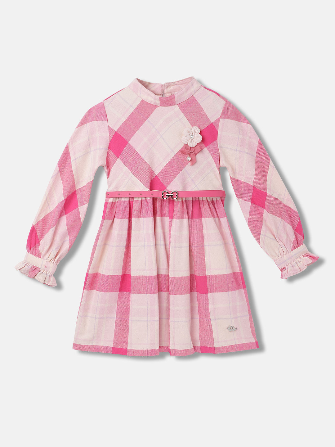 Elle Girls Checked Full Sleeves Band Collar Dress