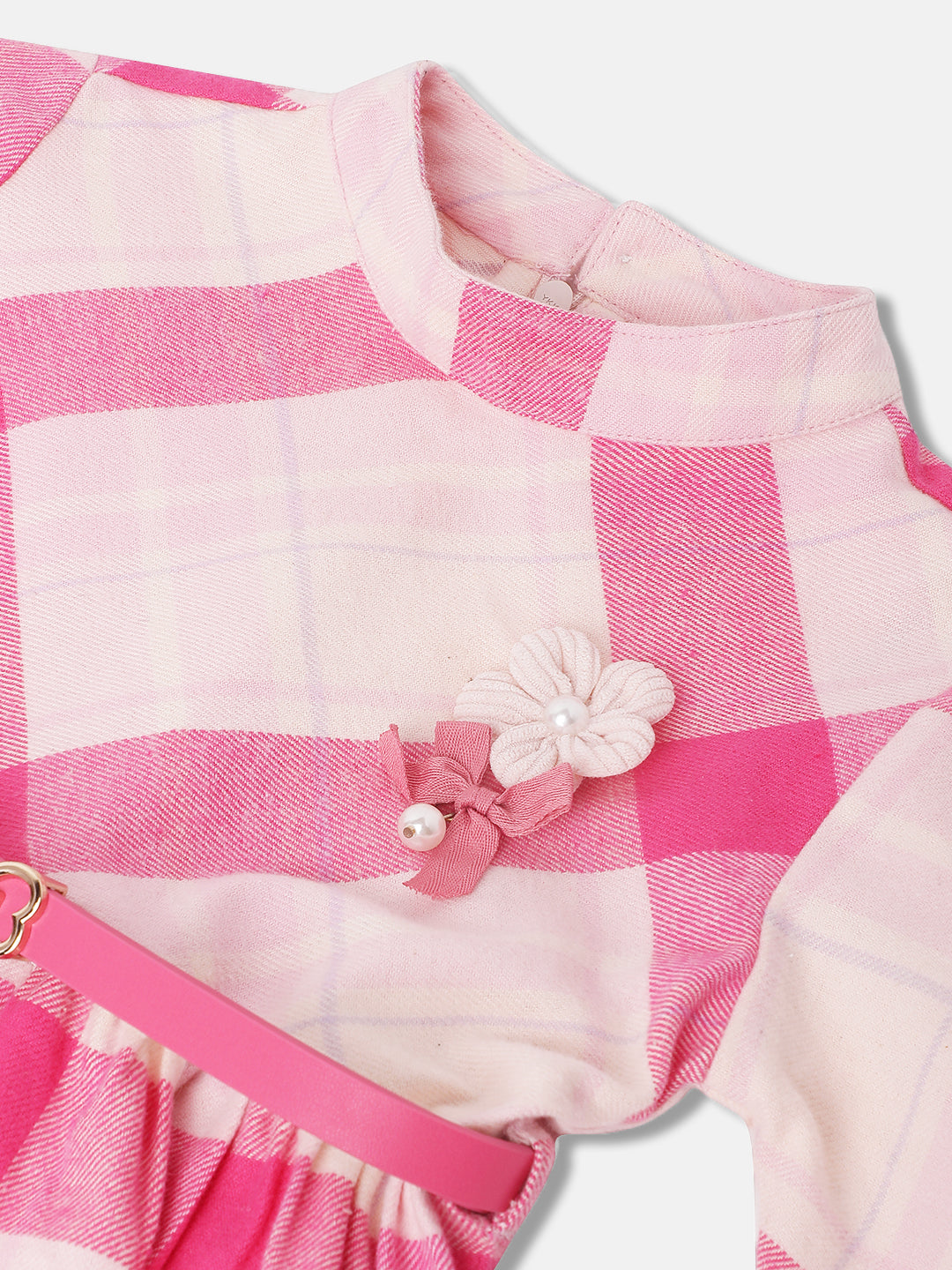 Elle Girls Checked Full Sleeves Band Collar Dress