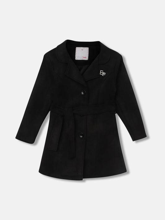 Elle Girls Black Solid Notched Lapel Long Sleeves Overcoat