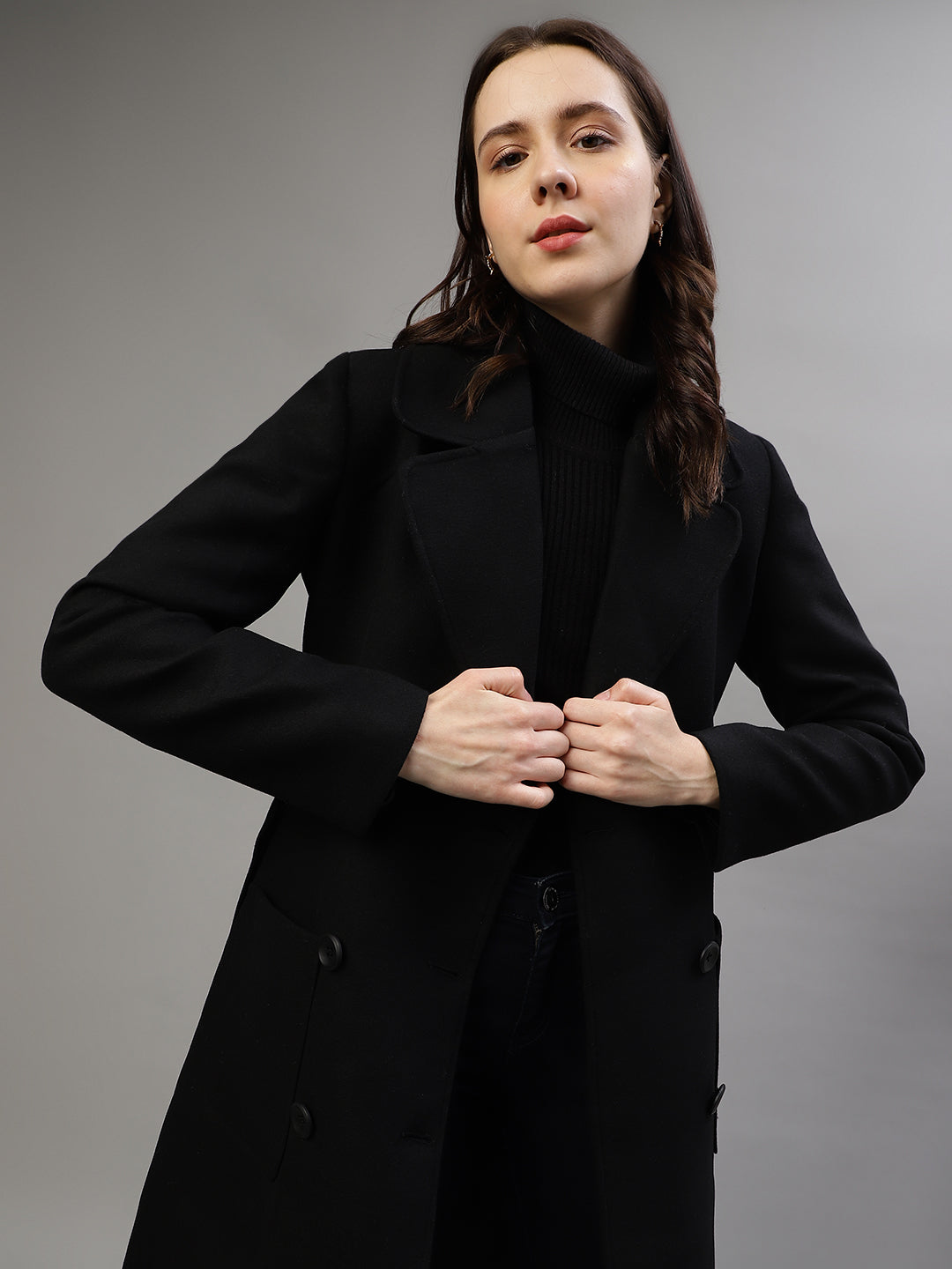 Elle Women Solid Notched Lapel Full Sleeves Overcoat