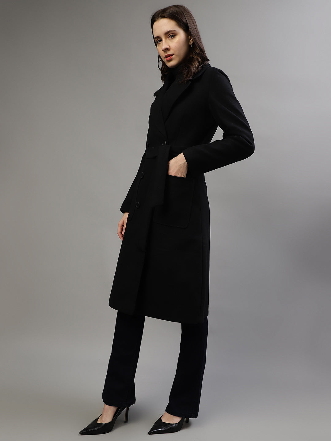 Elle Women Solid Notched Lapel Full Sleeves Overcoat