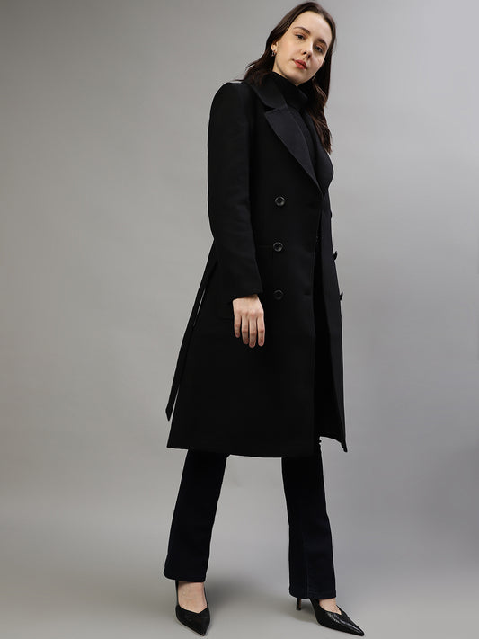 Elle Women Solid Notched Lapel Full Sleeves Overcoat