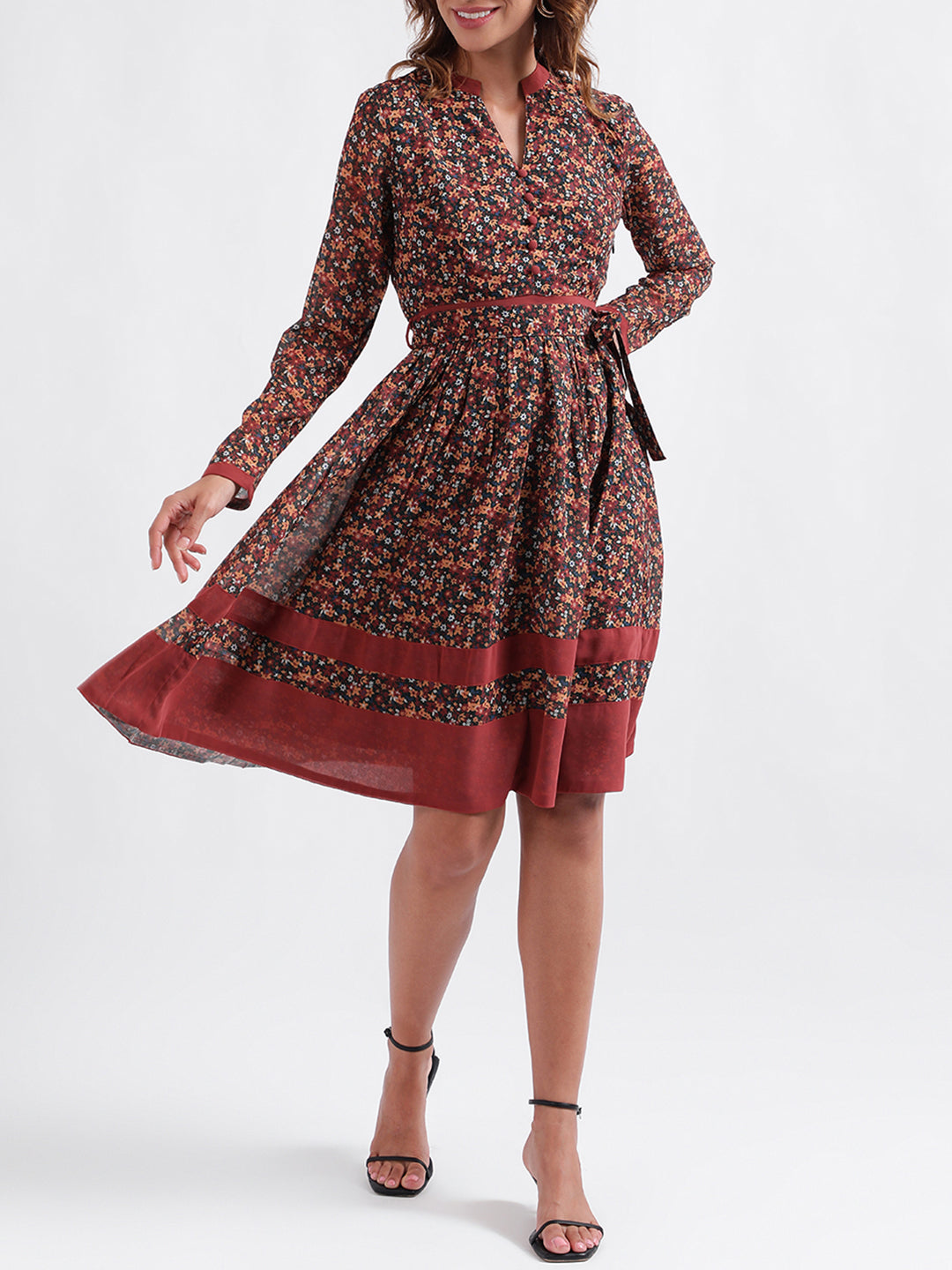 Elle Women Printed Full Sleeves V Neck Dress