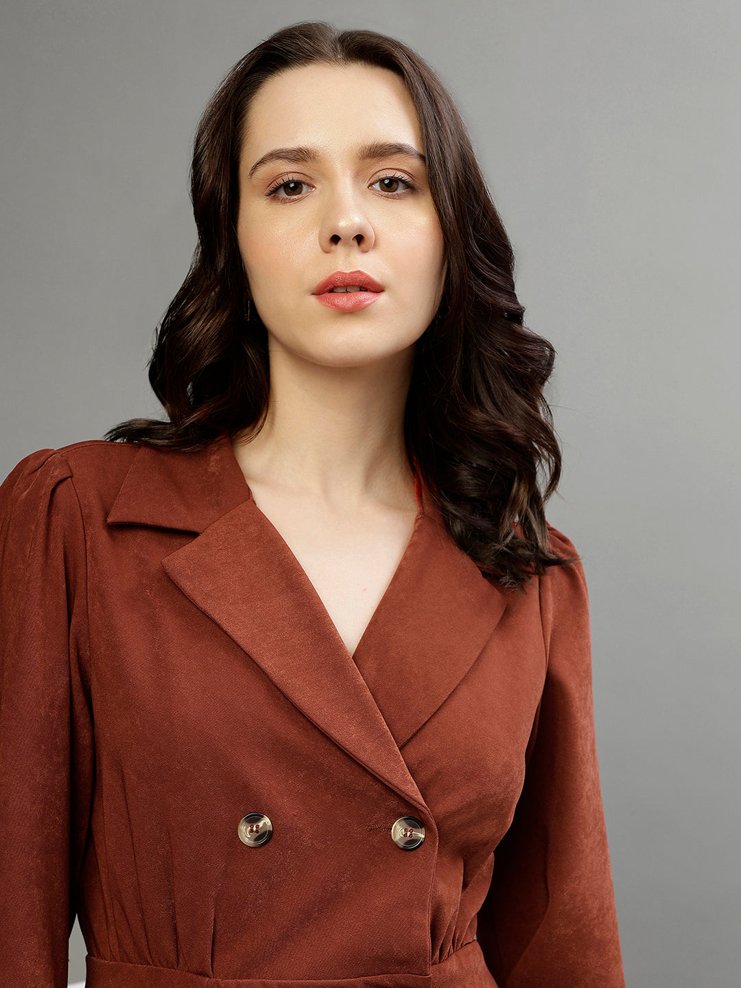 Elle Women Solid Peaked Lapel Full Sleeves Dress