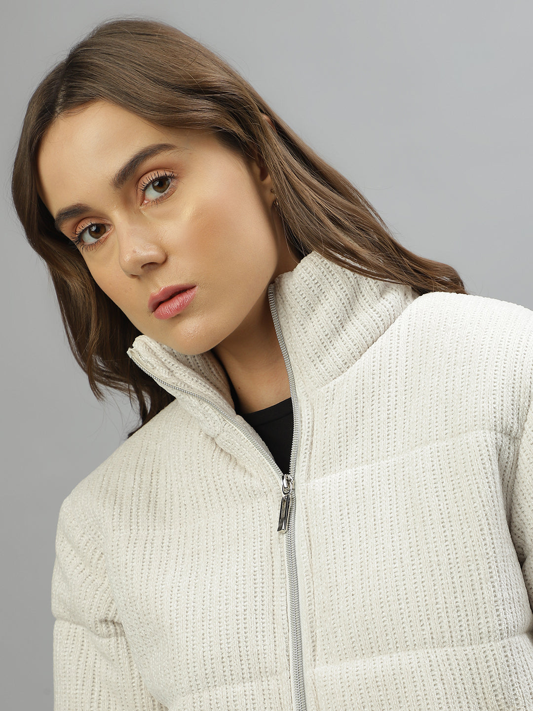 Elle Women Solid Stand Collar Full Sleeves Jacket