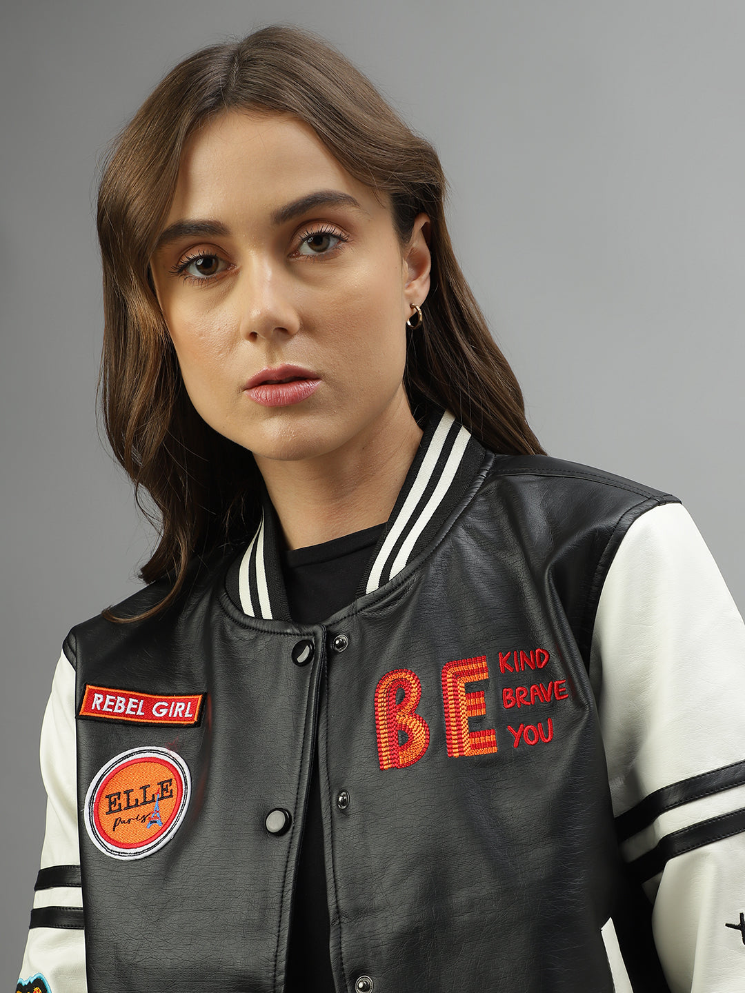 Elle Women Colour Blocked High Neck Full Sleeves Jacket