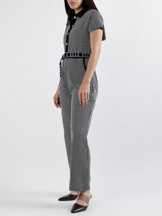 Elle Women Checked Short Sleeves Shirt Collar Jumpsuit