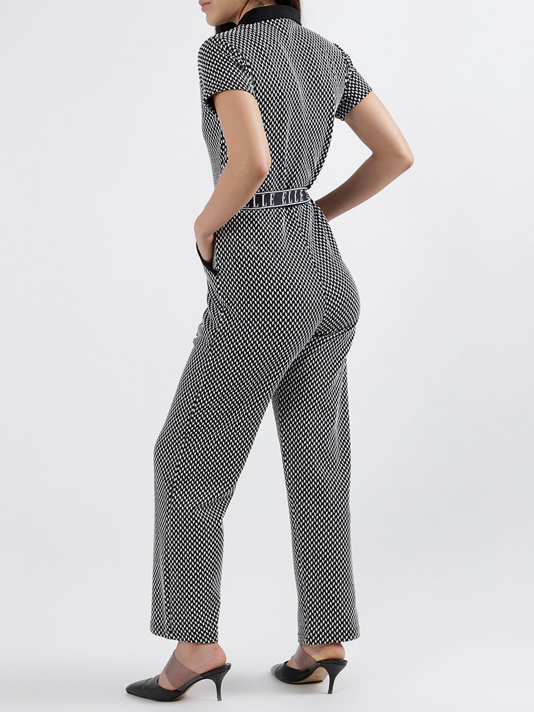 Elle Women Checked Short Sleeves Shirt Collar Jumpsuit