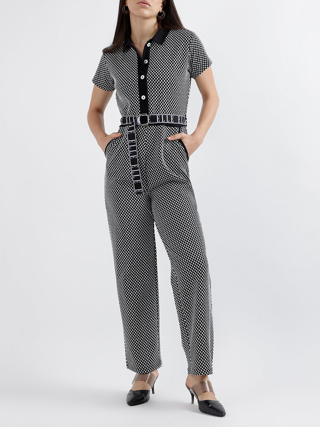 Elle Women Checked Short Sleeves Shirt Collar Jumpsuit