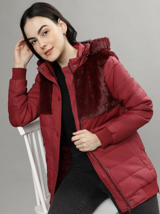 Elle Women Red Solid Hooded Long Sleeves Puffer Jacket