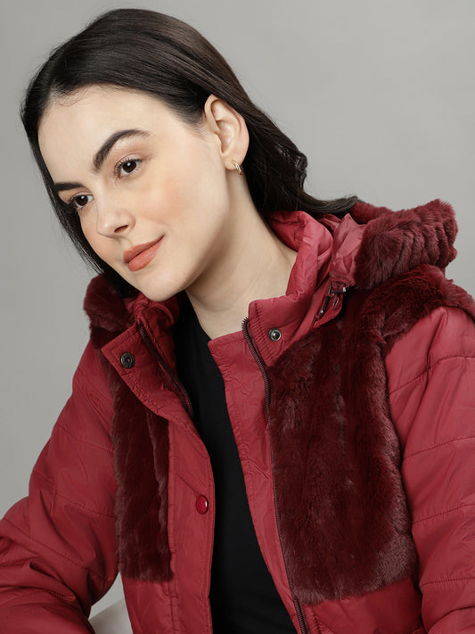 Elle Women Red Solid Hooded Long Sleeves Puffer Jacket
