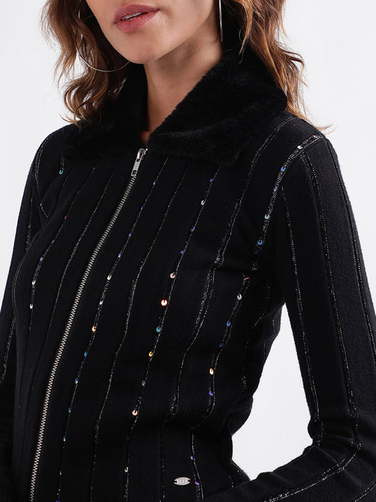Elle Women Striped Full Sleeves Collar Sweater