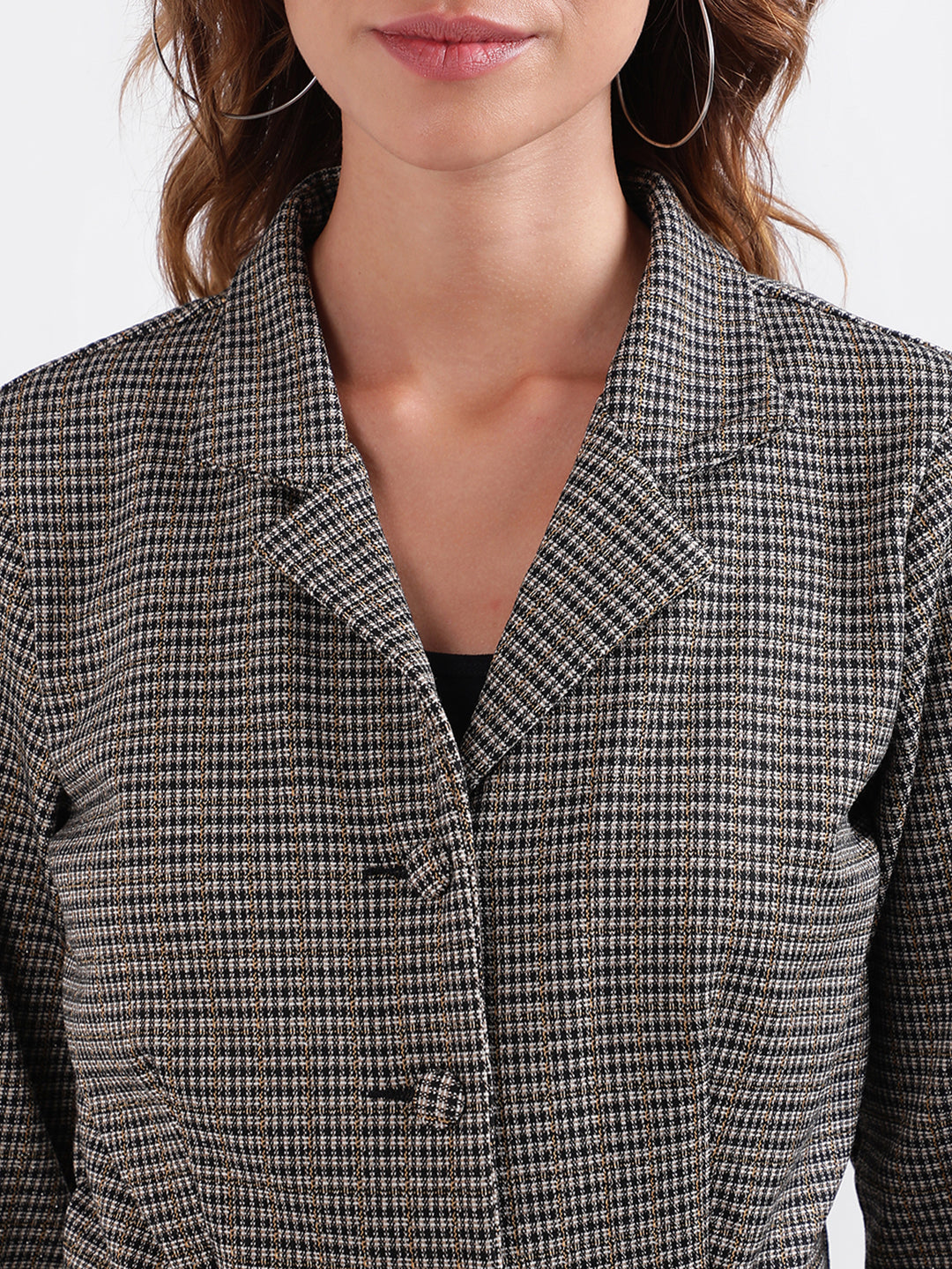 Elle Women Checked Full Sleeves Notched Lapel Top