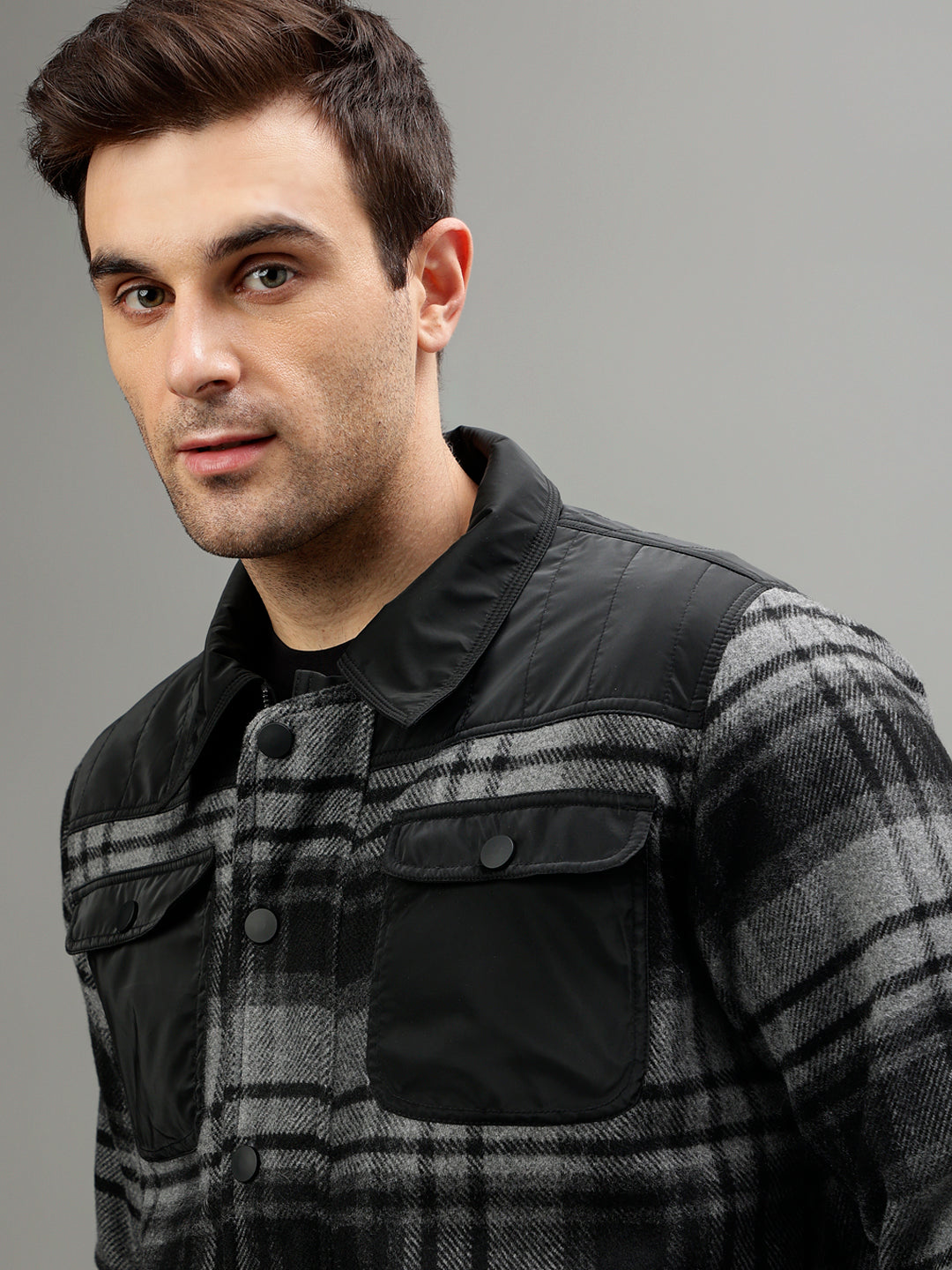 Iconic Men Checked Shirt Collar Full Sleeves Jacket