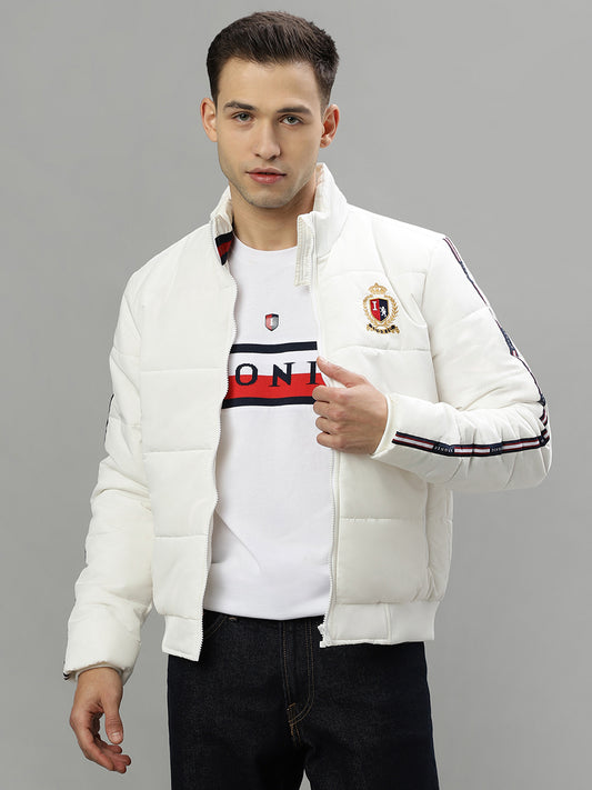 Iconic Men White Solid Stand Collar Long Sleeves Puffer Jacket