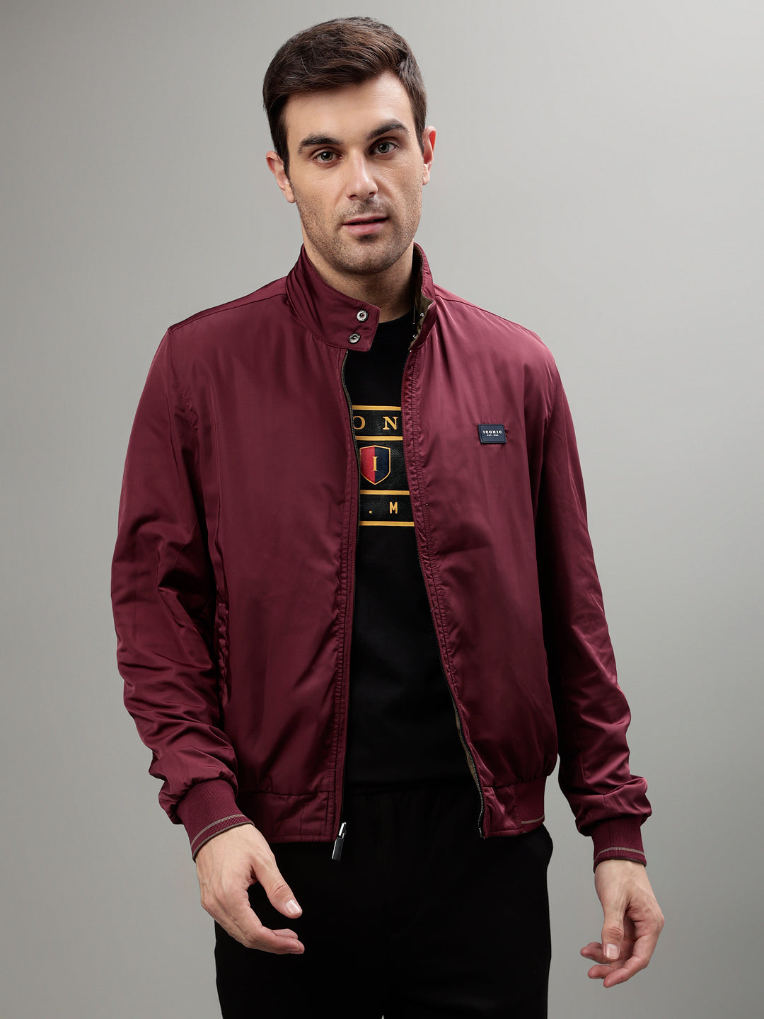 Iconic Men Solid Stand Collar Full Sleeves  Reversible Jacket