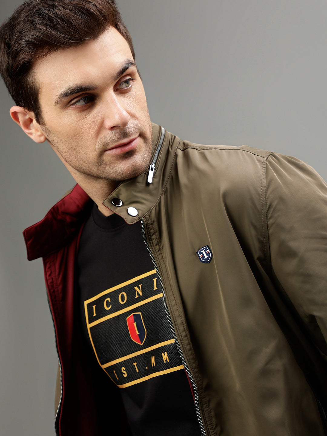 Iconic Men Solid Stand Collar Full Sleeves  Reversible Jacket