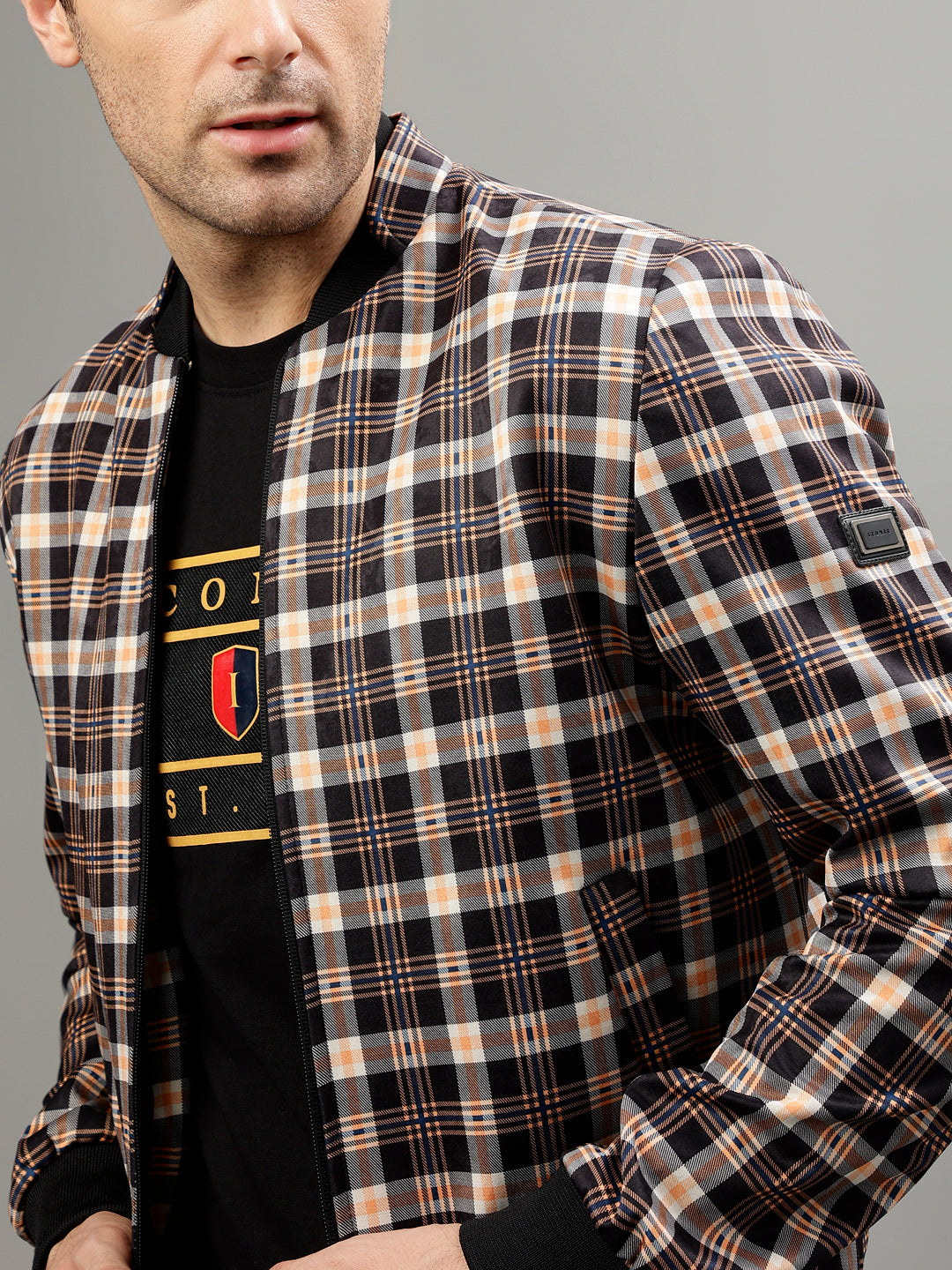 Iconic Men Checked Stand Collar Full Sleeves Bomber Jacket