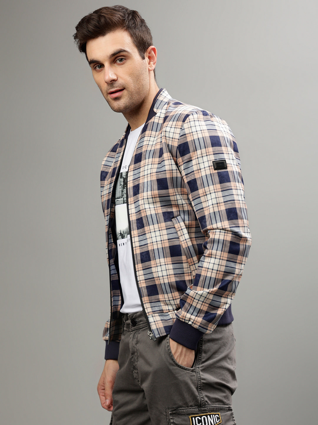 Iconic Men Checked Stand Collar Full Sleeves Bomber Jacket