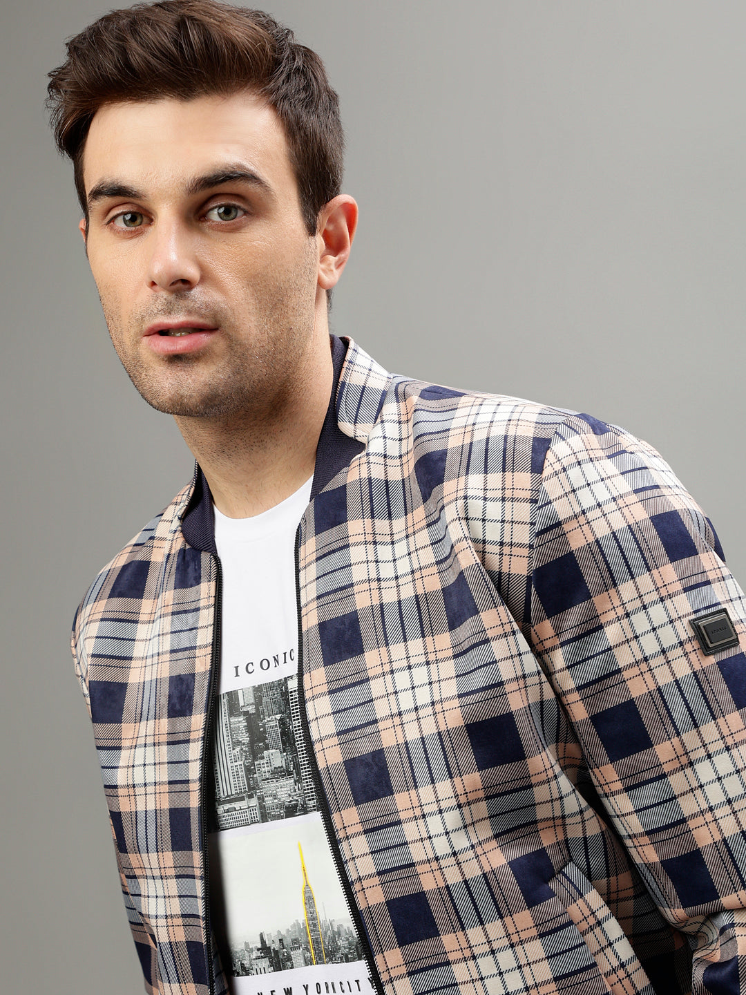 Iconic Men Checked Stand Collar Full Sleeves Bomber Jacket