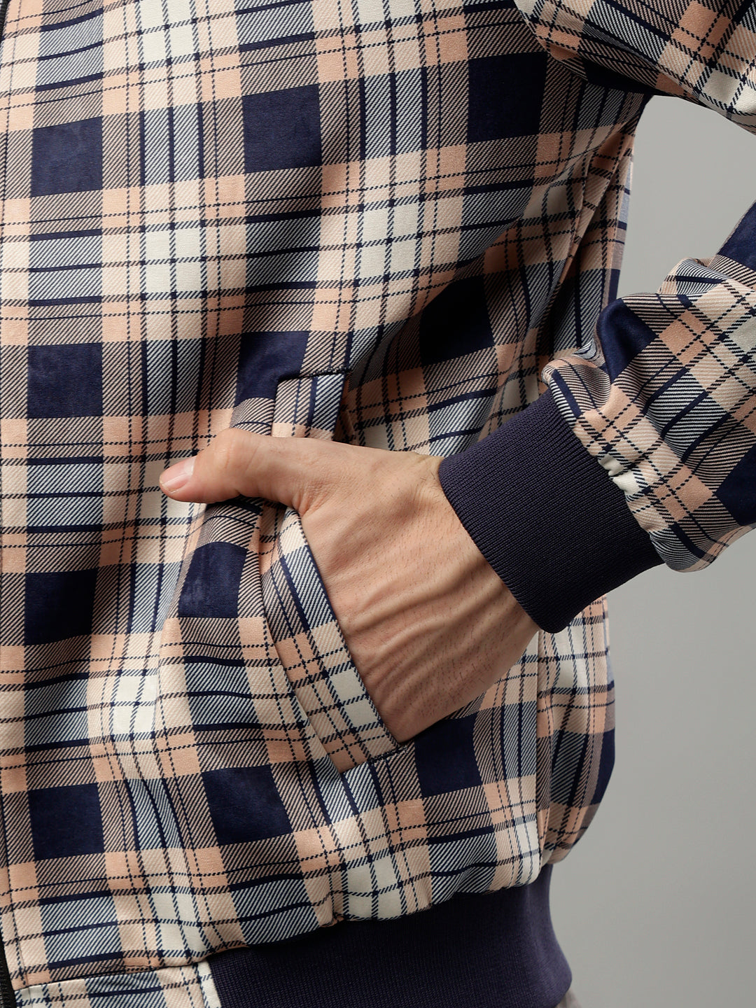 Iconic Men Checked Stand Collar Full Sleeves Bomber Jacket