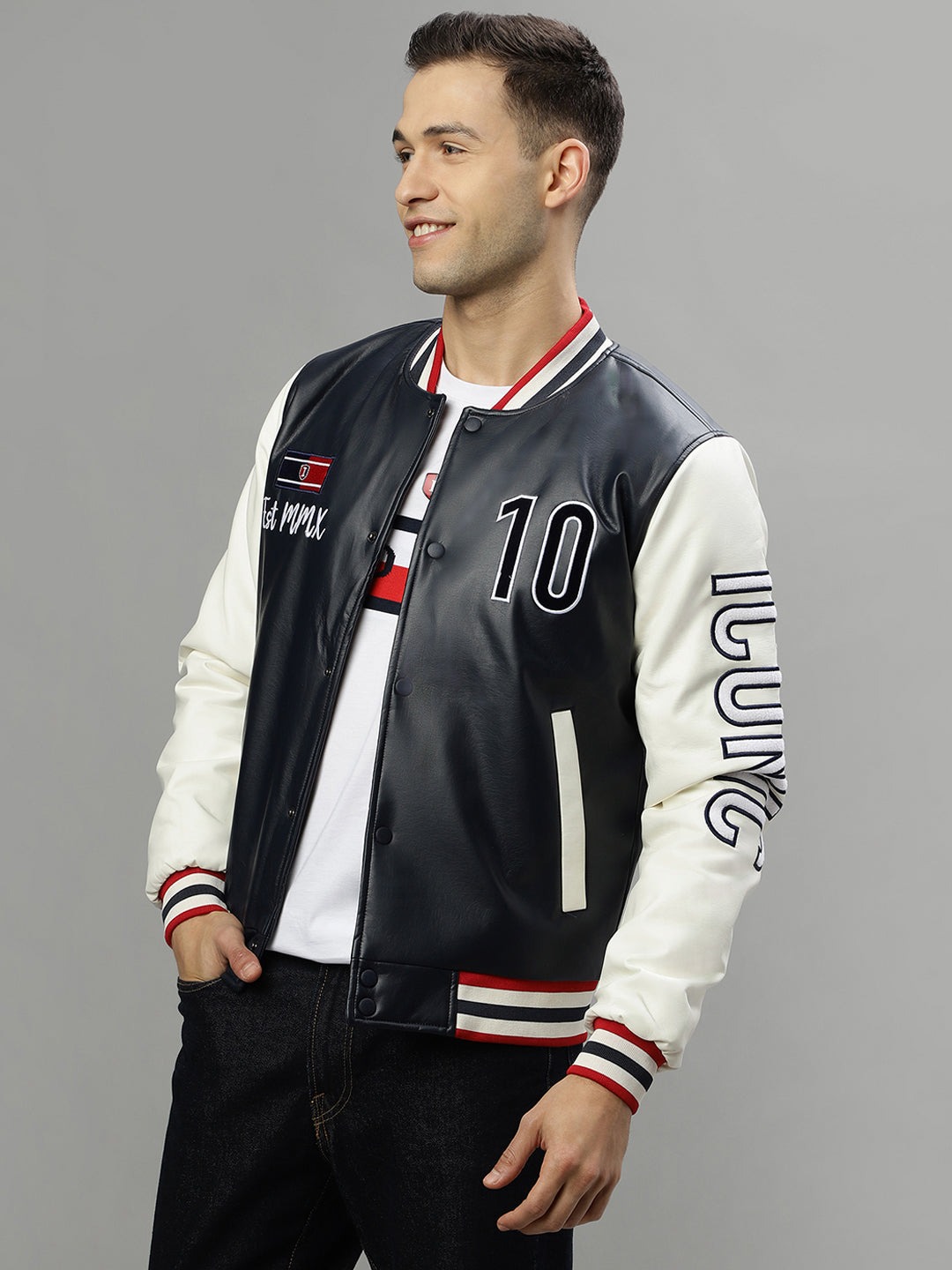 Iconic Men Blue Colourblocked Stand Collar Long Sleeves Varsity Jacket