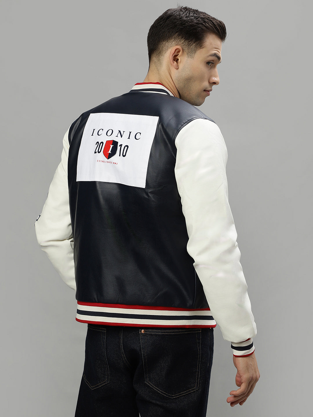 Iconic Men Blue Colourblocked Stand Collar Long Sleeves Varsity Jacket