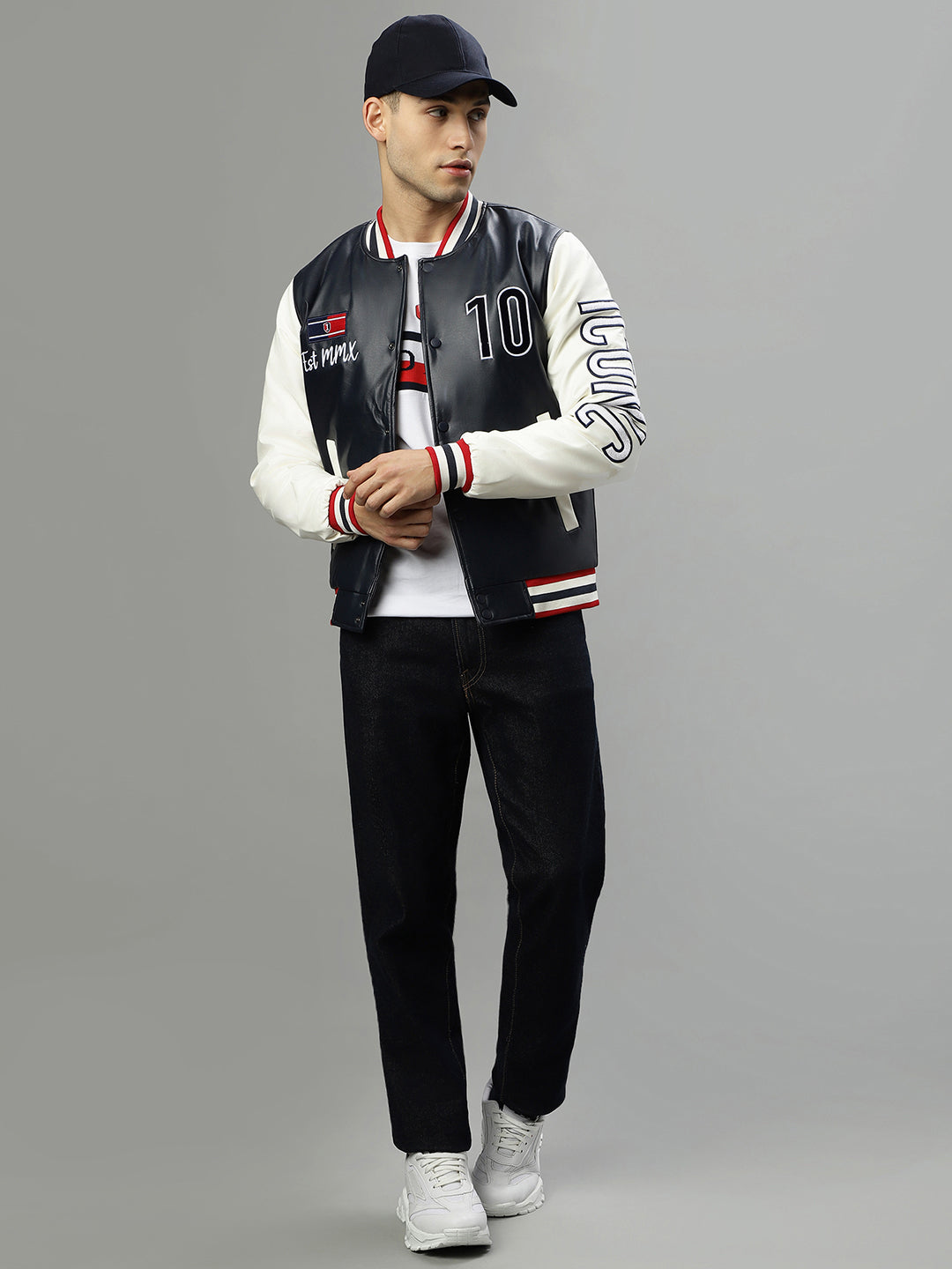 Iconic Men Blue Colourblocked Stand Collar Long Sleeves Varsity Jacket