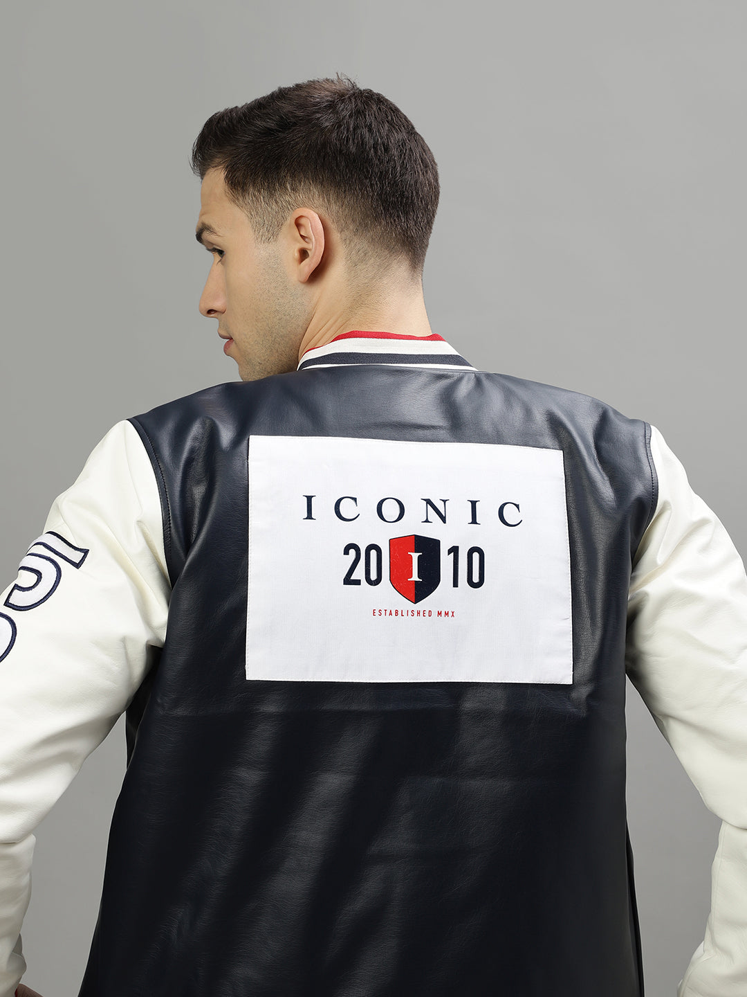 Iconic Men Blue Colourblocked Stand Collar Long Sleeves Varsity Jacket