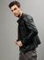 Iconic Men Solid Band Collar Full Sleeves Leather Jacket
