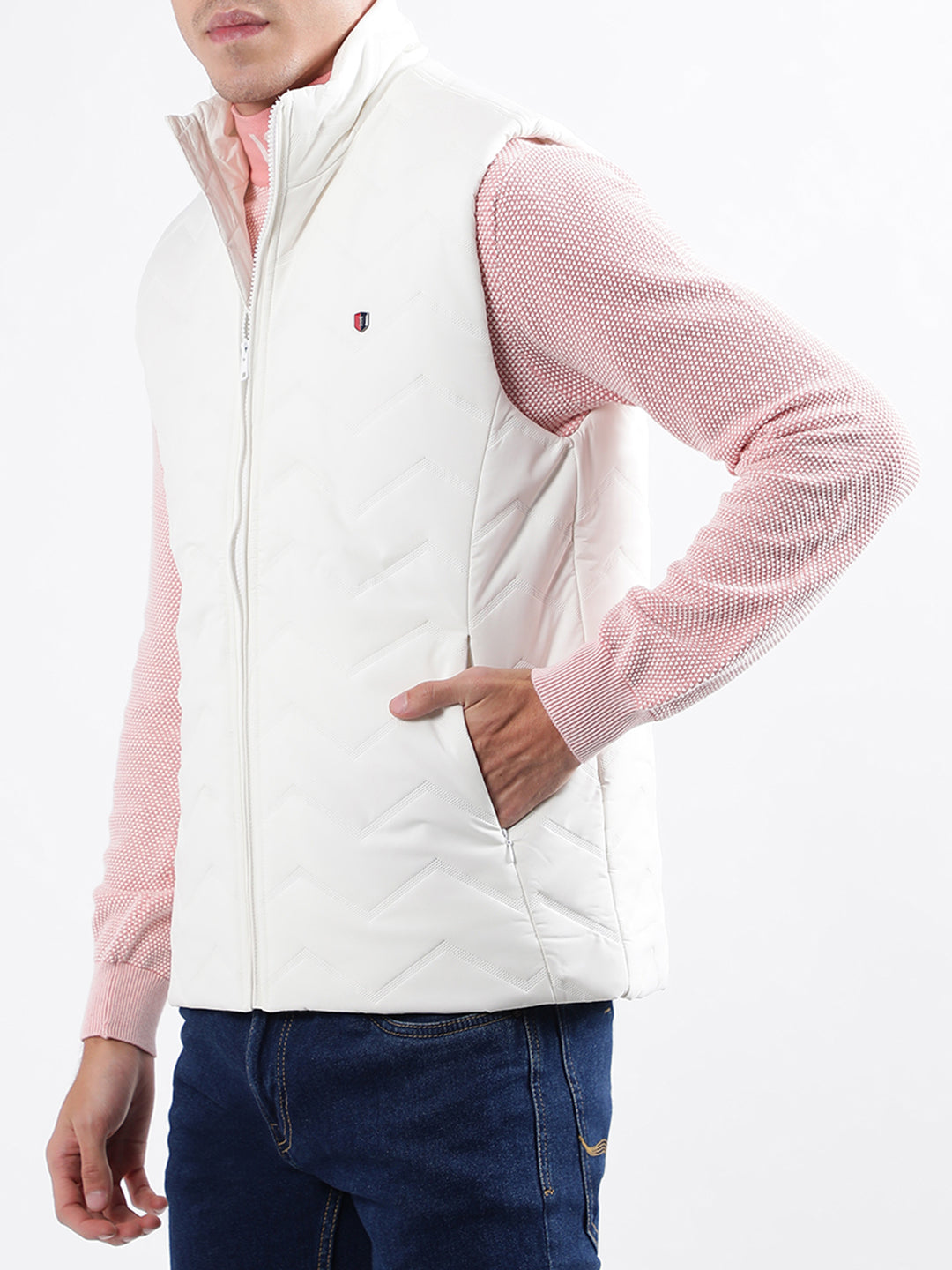 Iconic Men White Solid Stand Collar Jacket