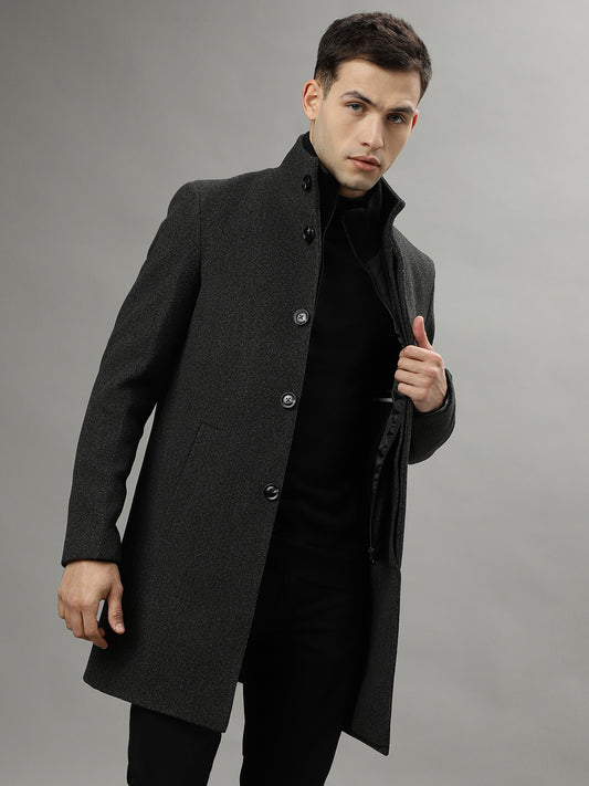 Iconic Men Grey Solid Stand Collar Long Sleeves Overcoat