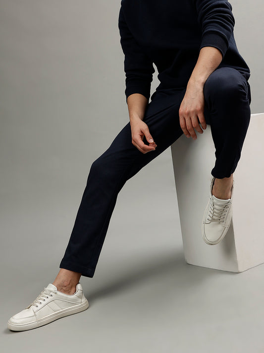 Iconic Men Navy Blue Solid Mid-rise Slim Fit Regular Trouser