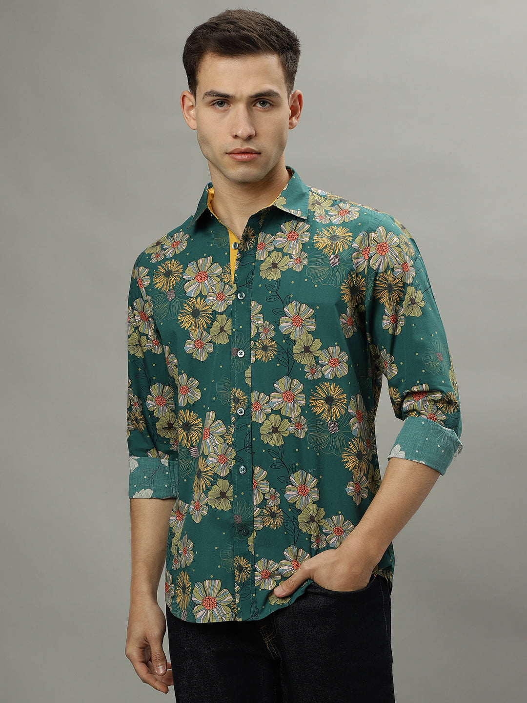 Iconic Green Fashion Floral Print Regular Fit Shirt