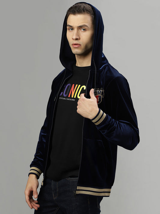 Iconic Men Navy Blue Solid Hooded Long Sleeves Jacket
