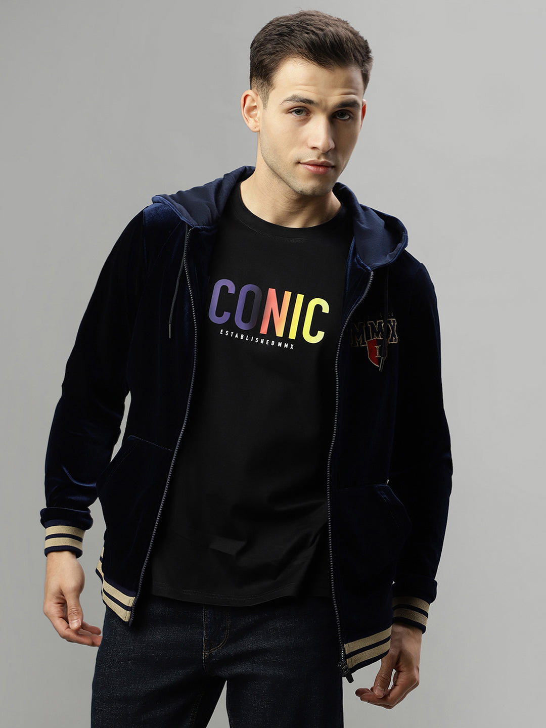 Iconic Men Navy Blue Solid Hooded Long Sleeves Jacket
