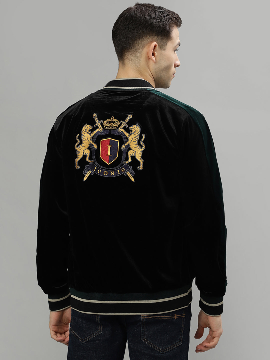 Iconic Men Black Solid Stand Collar Long Sleeves Jacket