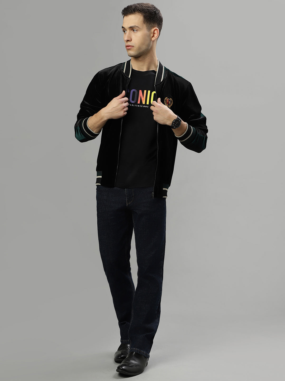 Iconic Men Black Solid Stand Collar Long Sleeves Jacket