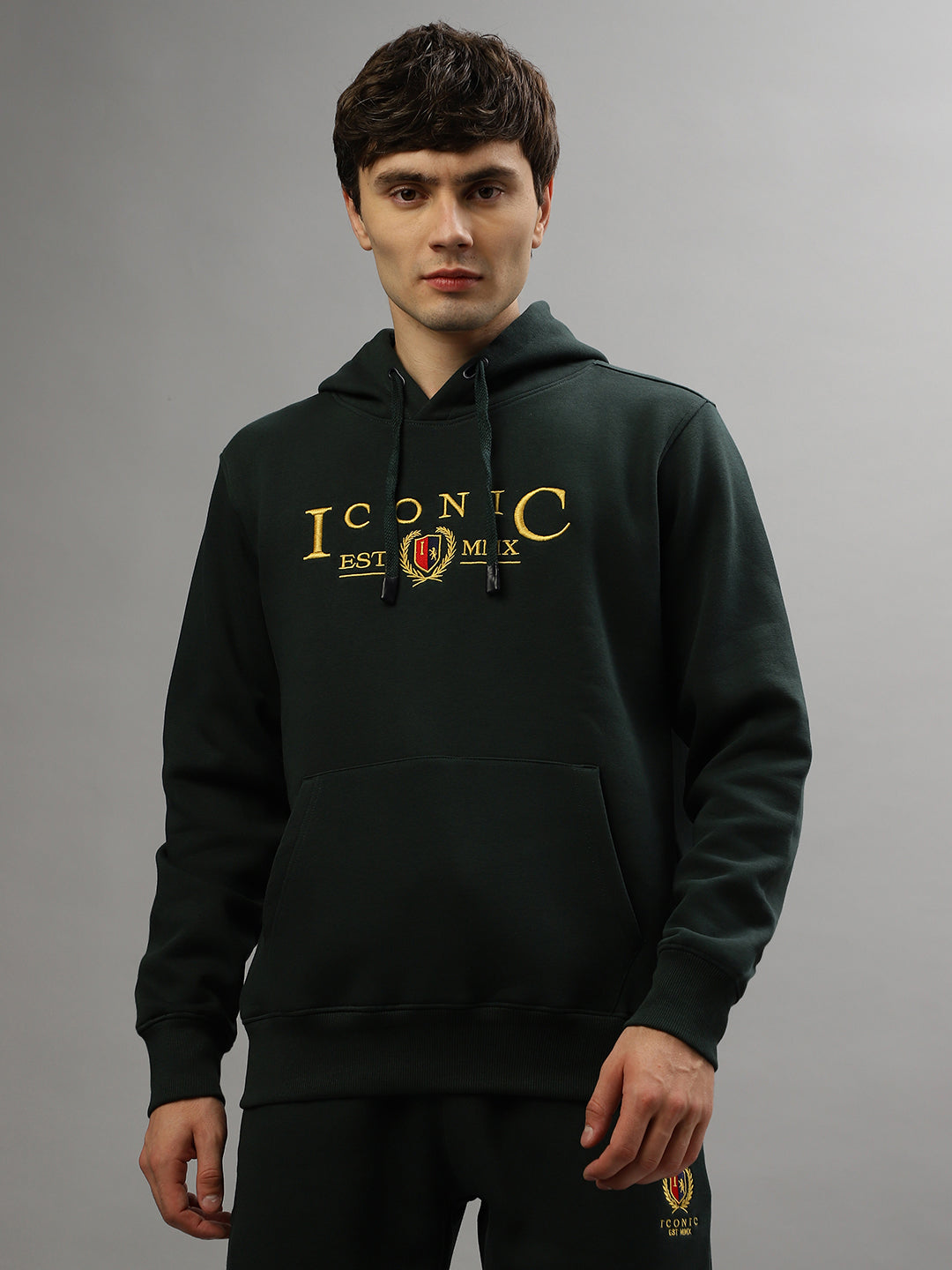 Iconic Men Embroidered Full Sleeves Hooded Sweatshirt