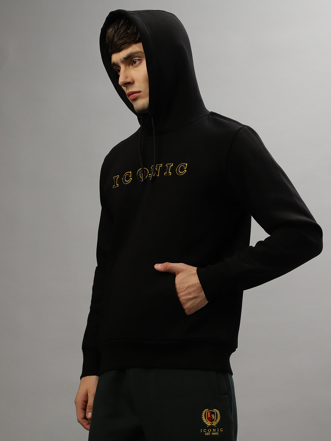 Iconic Men Embroidered Full Sleeves Hooded Sweatshirt